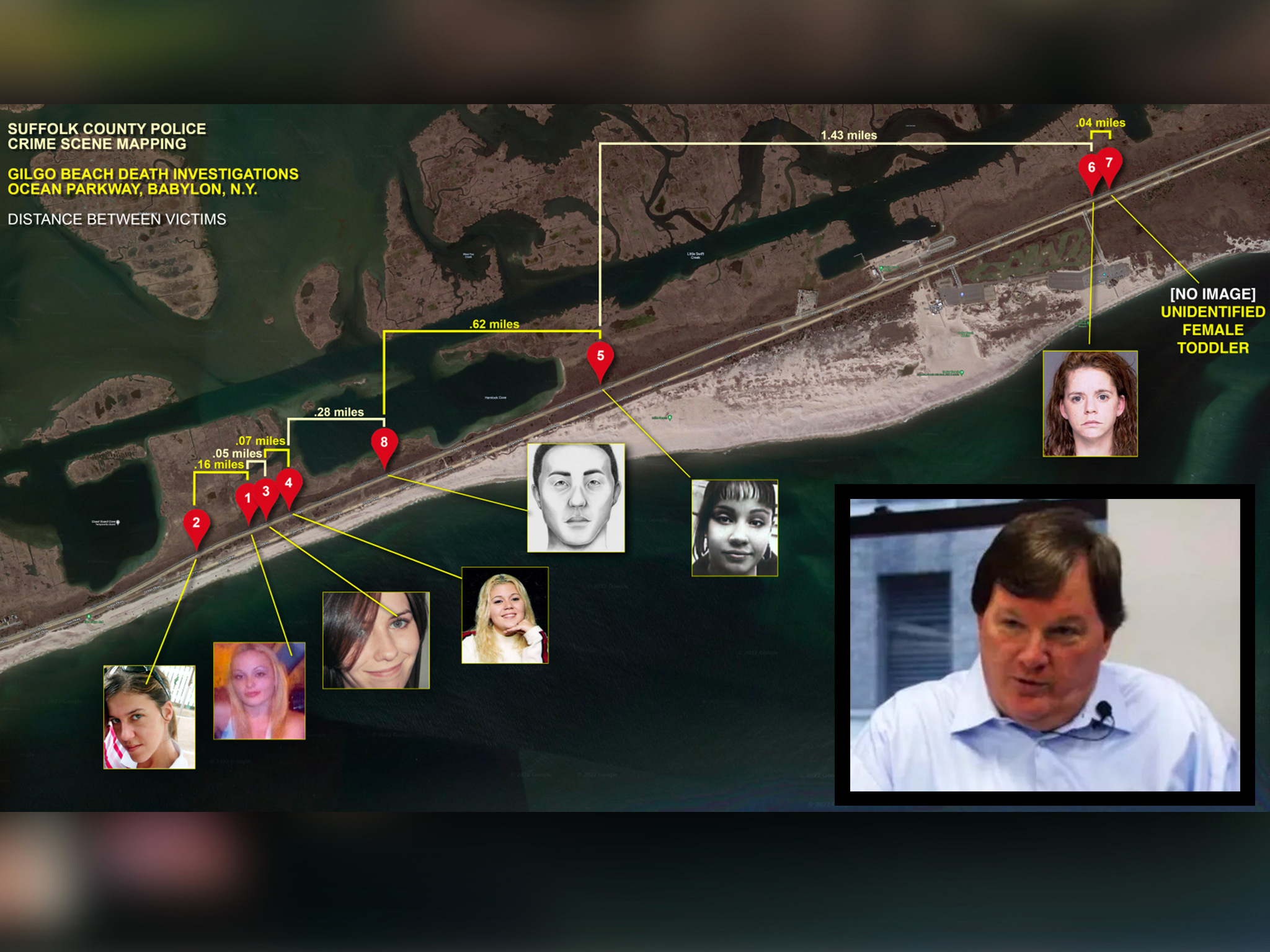 A map of where seven of the 11 Gilgo Beach victims were found in 2011. Rex Heuermann (bottom right) was charged with killing five of the 11 people found, as well as a sixth person found in a different location